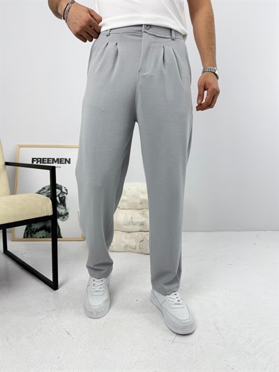 Pileli Krep Baggy Pantolon Gri