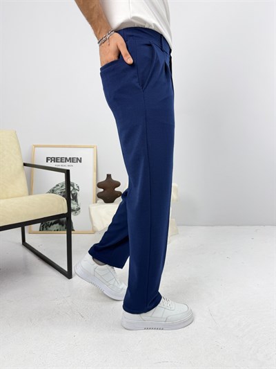 Pileli Krep Baggy Pantolon Lacivert