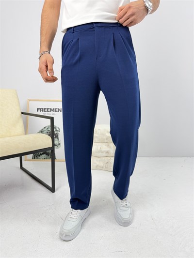 Pileli Krep Baggy Pantolon Lacivert