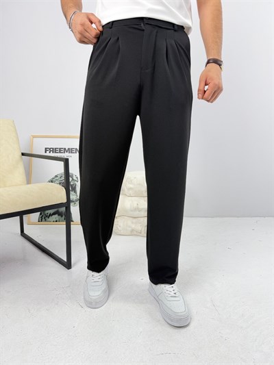 Pileli Krep Baggy Pantolon Siyah