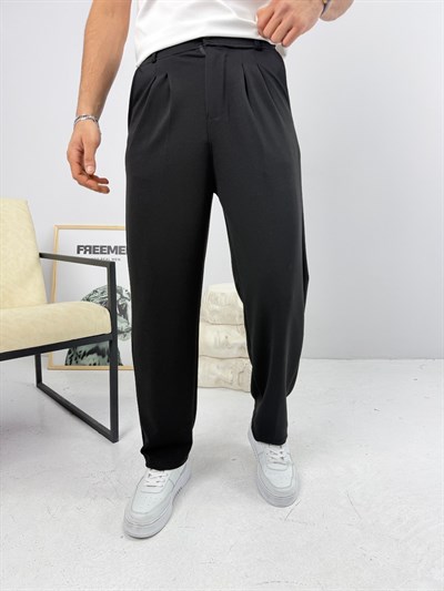 Pileli Krep Baggy Pantolon Siyah