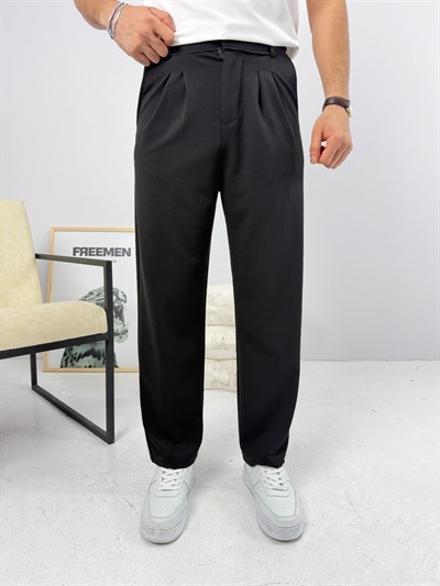 Pileli Krep Baggy Pantolon Siyah