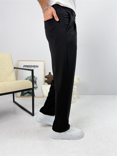 Pileli Krep Baggy Pantolon Siyah