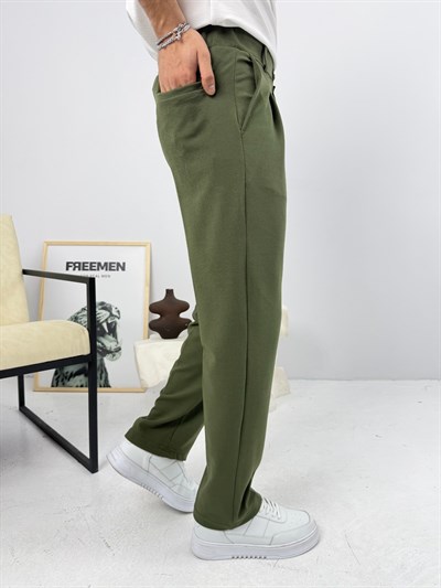 Pileli Krep Baggy Pantolon Yeşil