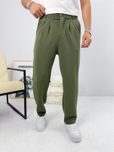 Pileli Krep Baggy Pantolon Yeşil