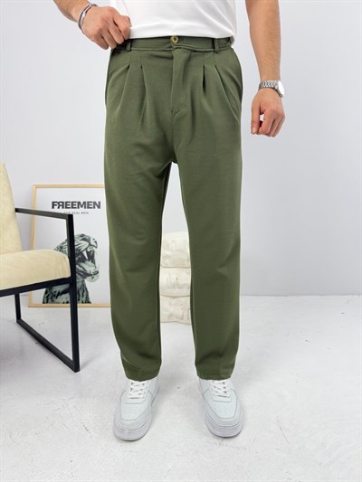 Pileli Krep Baggy Pantolon Yeşil
