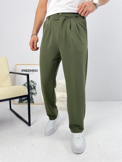 Pileli Krep Baggy Pantolon Yeşil