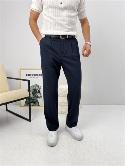 Pileli Premium Baggy Kumaş Pantolon Lacivert