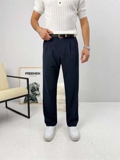 Pileli Premium Baggy Kumaş Pantolon Lacivert