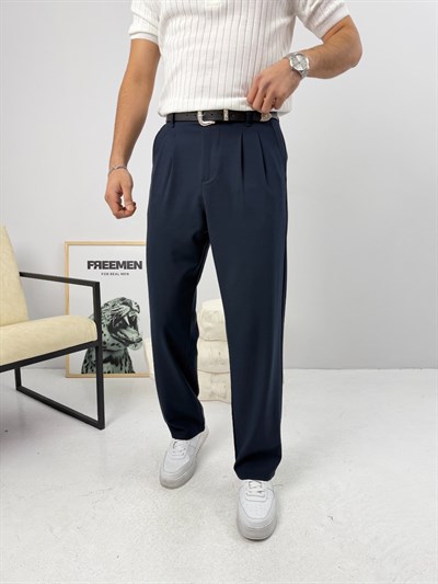 Pileli Premium Baggy Kumaş Pantolon Lacivert