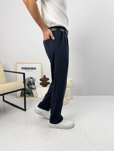 Pileli Premium Baggy Kumaş Pantolon Lacivert