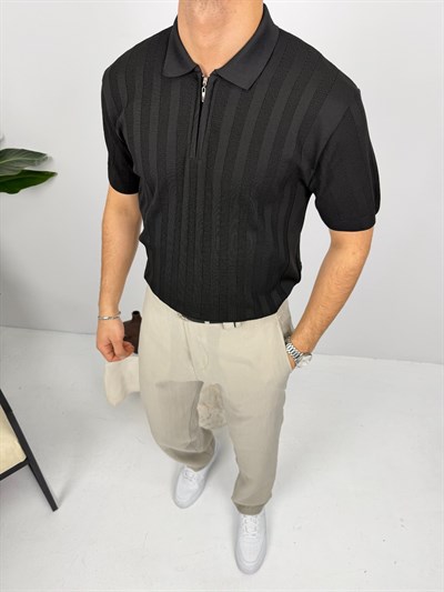 Polo Yaka Yarım Fermuar Triko Tişört Siyah