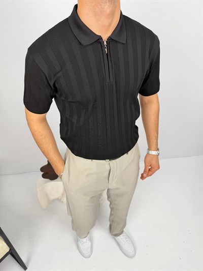 Polo Yaka Yarım Fermuar Triko Tişört Siyah