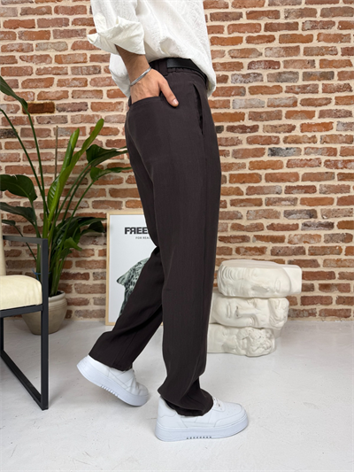 Premium Baggy Kalıp Keten Pantolon Kahve