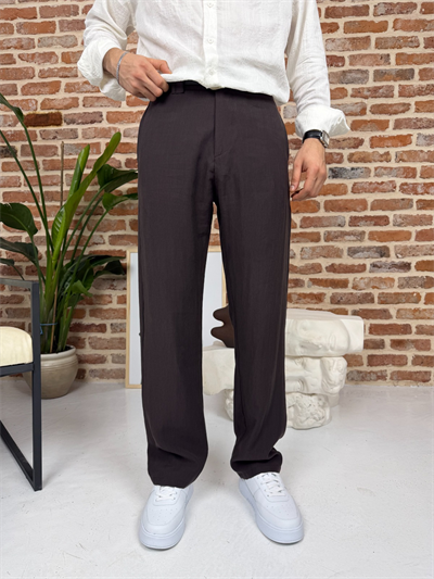 Premium Baggy Kalıp Keten Pantolon Kahve