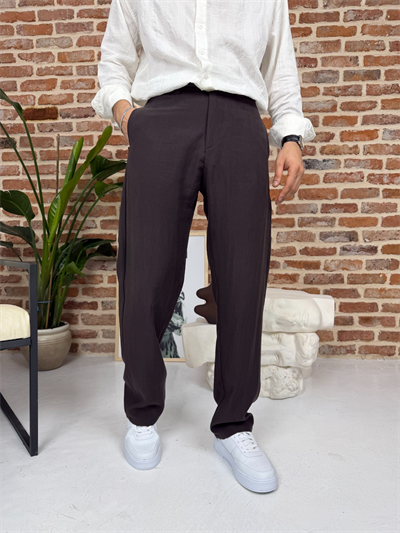 Premium Baggy Kalıp Keten Pantolon Kahve