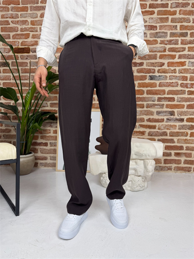 Premium Baggy Kalıp Keten Pantolon Kahve