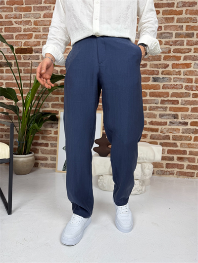 Premium Baggy Kalıp Keten Pantolon Lacivert