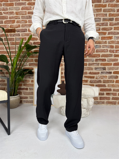 Premium Baggy Kalıp Keten Pantolon Siyah