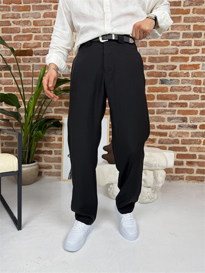 Premium Baggy Kalıp Keten Pantolon Siyah