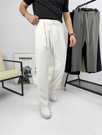 Premium Kemerli Baggy Kumaş Pantolon Beyaz