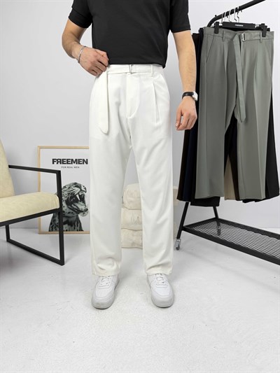 Premium Kemerli Baggy Kumaş Pantolon Beyaz