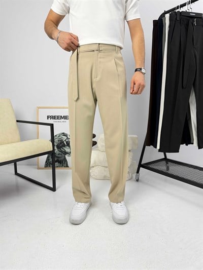 Premium Kemerli Baggy Kumaş Pantolon Bej