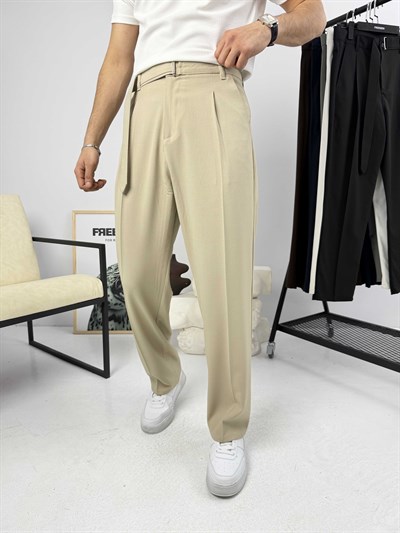 Premium Kemerli Baggy Kumaş Pantolon Bej