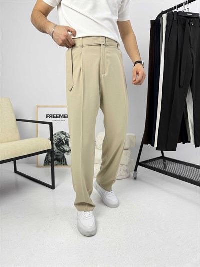Premium Kemerli Baggy Kumaş Pantolon Bej