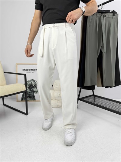 Premium Kemerli Baggy Kumaş Pantolon Beyaz