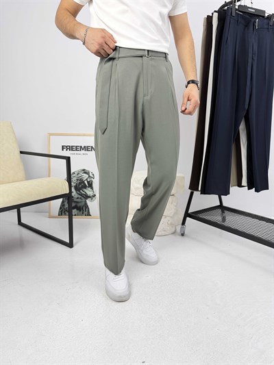 Premium Kemerli Baggy Kumaş Pantolon Çağla Yeşili