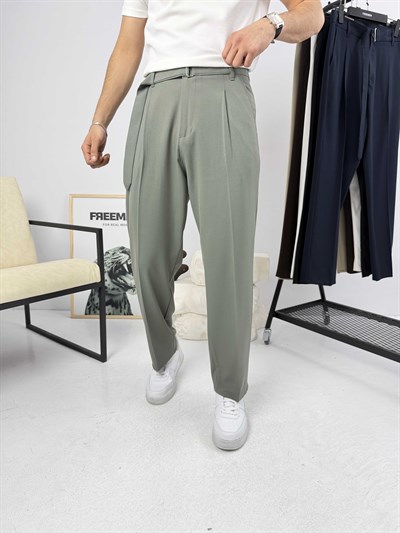 Premium Kemerli Baggy Kumaş Pantolon Çağla Yeşili