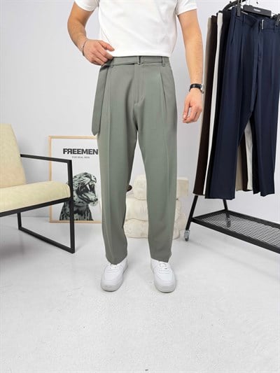 Premium Kemerli Baggy Kumaş Pantolon Çağla Yeşili