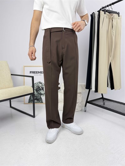 Premium Kemerli Baggy Kumaş Pantolon Kahve