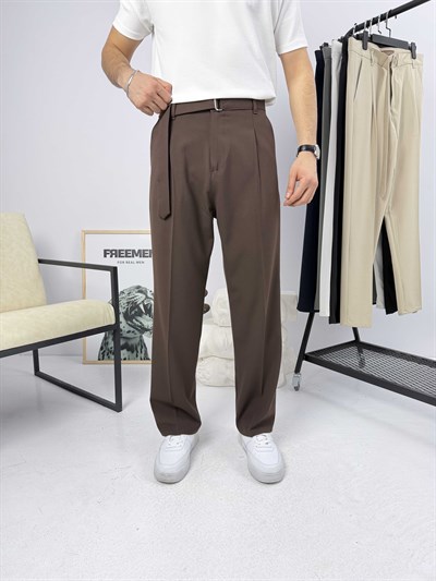 Premium Kemerli Baggy Kumaş Pantolon Kahve