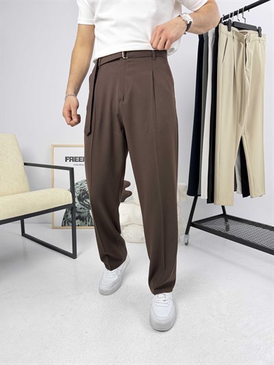 Premium Kemerli Baggy Kumaş Pantolon Kahve