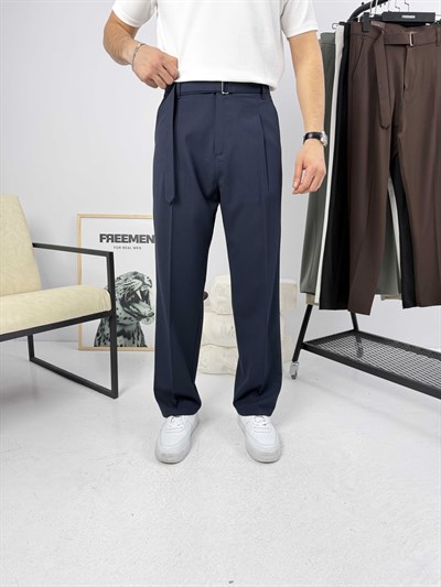 Premium Kemerli Baggy Kumaş Pantolon Lacivert
