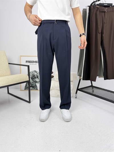 Premium Kemerli Baggy Kumaş Pantolon Lacivert