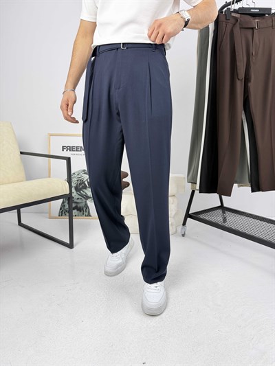 Premium Kemerli Baggy Kumaş Pantolon Lacivert