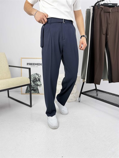 Premium Kemerli Baggy Kumaş Pantolon Lacivert
