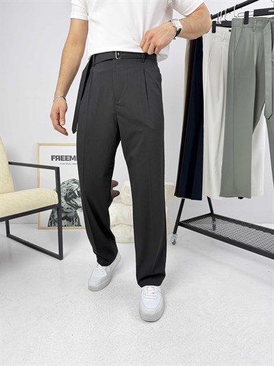 Premium Kemerli Baggy Kumaş Pantolon Siyah