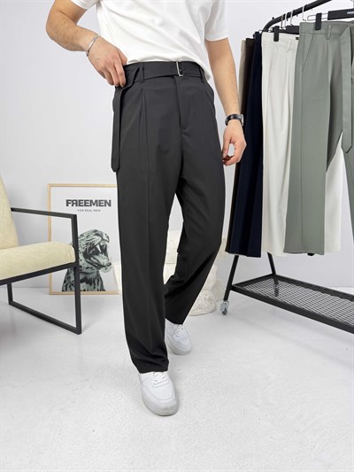 Premium Kemerli Baggy Kumaş Pantolon Siyah