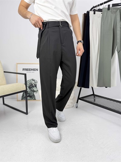 Premium Kemerli Baggy Kumaş Pantolon Siyah