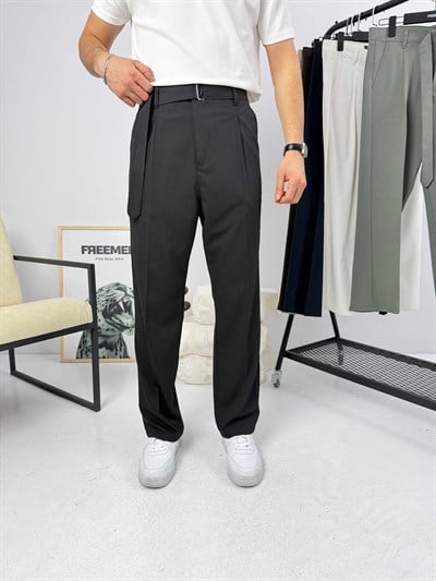 Premium Kemerli Baggy Kumaş Pantolon Siyah