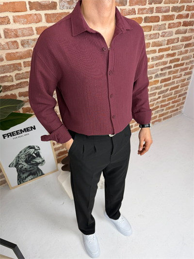 Premium Oversize Müslin Keten Gömlek Bordo