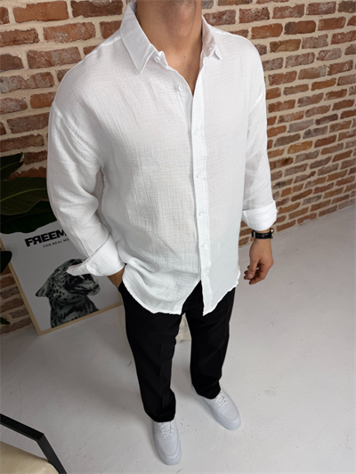 Premium Oversize Müslin Keten Gömlek Beyaz