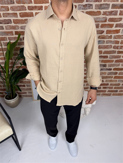 Premium Oversize Müslin Keten Gömlek Bej