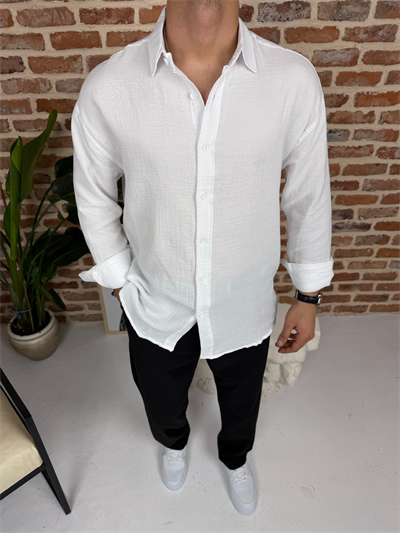 Premium Oversize Müslin Keten Gömlek Beyaz