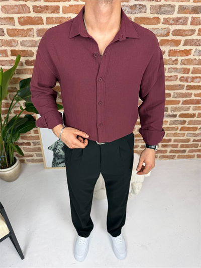 Premium Oversize Müslin Keten Gömlek Bordo