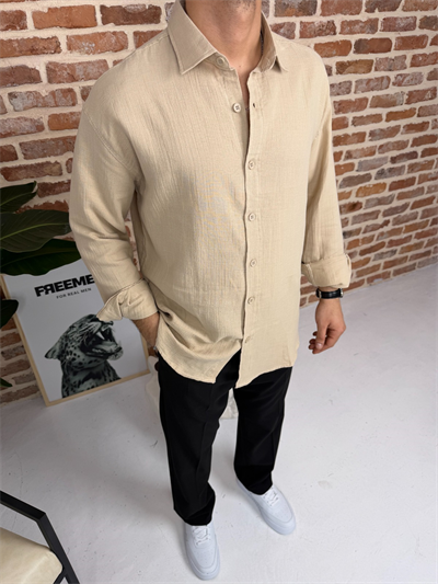 Premium Oversize Müslin Keten Gömlek Bej